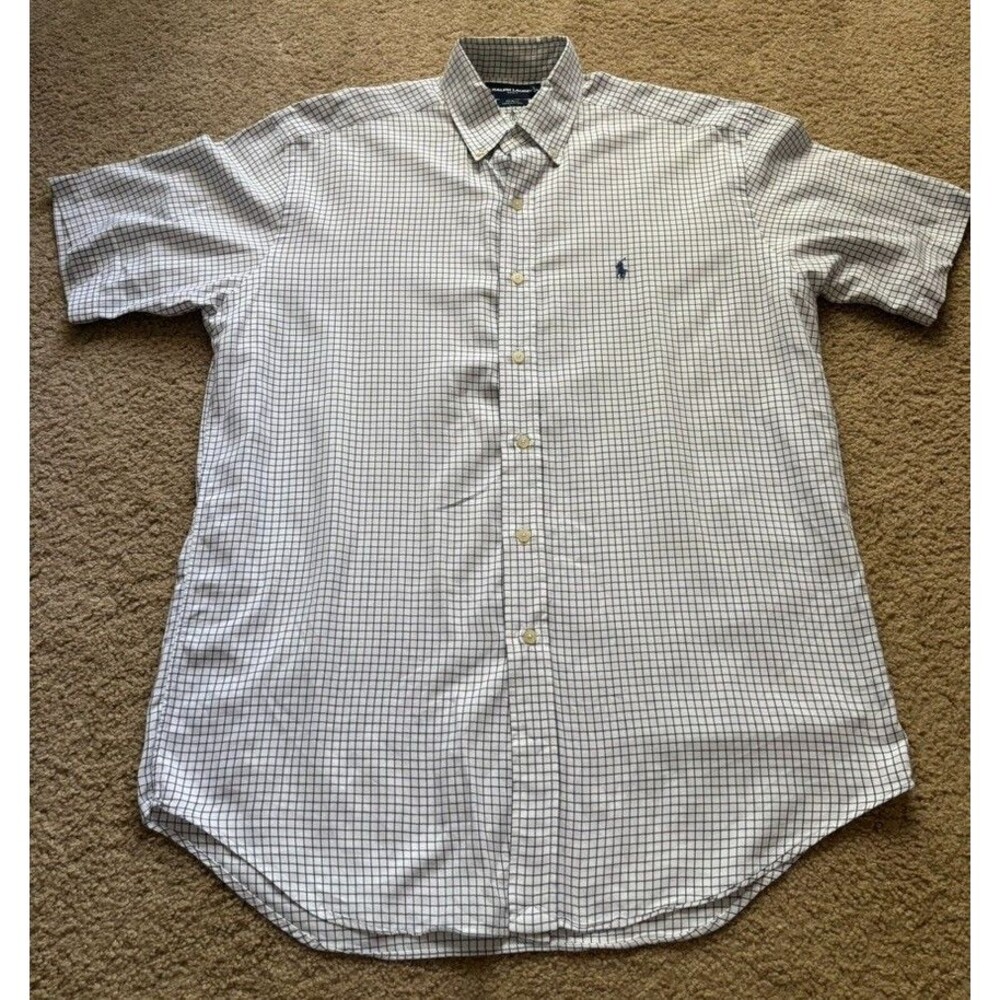 Ralph Lauren White Short Sleeve Button Down Shirt Sz Medium Gingham Check Preppy